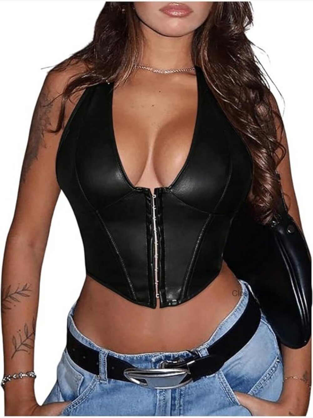 Y2K PU Leather Halter Neck Hook Eye Backless Crop Tank Top - Picture 1 of 6